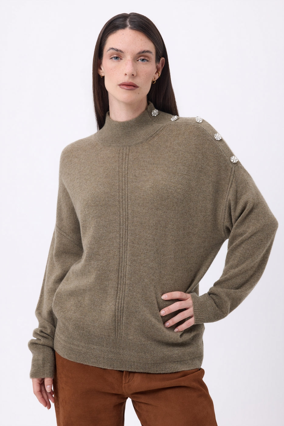 Jewelled High Neck Jumper Baya - Heather Khaki-Silver Buttons - Women