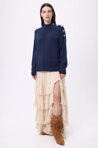 High-Neck Jewelled Baya Sweater - Navy Blue-Silver Buttons - Women - 100% Cashmere