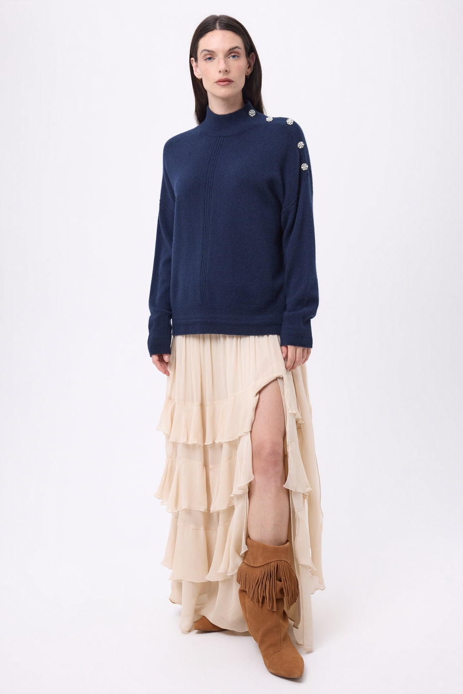 High-Neck Jewelled Baya Sweater - Navy Blue-Silver Buttons - Women - 100% Cashmere
