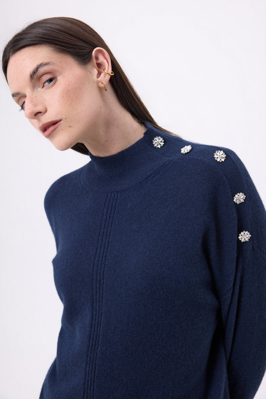 High-Neck Jewelled Baya Sweater - Navy Blue-Silver Buttons - Women - 100% Cashmere
