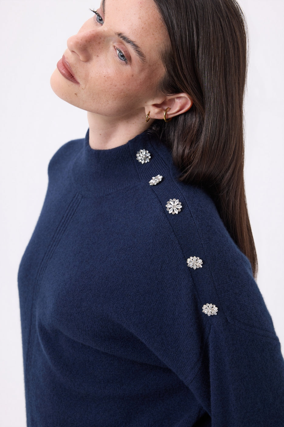High-Neck Jewelled Baya Sweater - Navy Blue-Silver Buttons - Women - 100% Cashmere