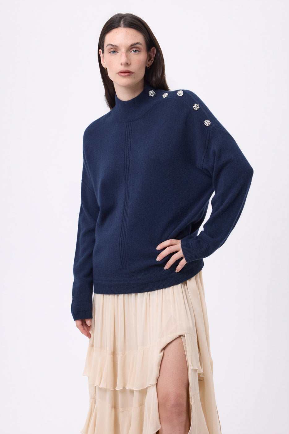 High-Neck Jewelled Baya Sweater - Navy Blue-Silver Buttons - Women - 100% Cashmere