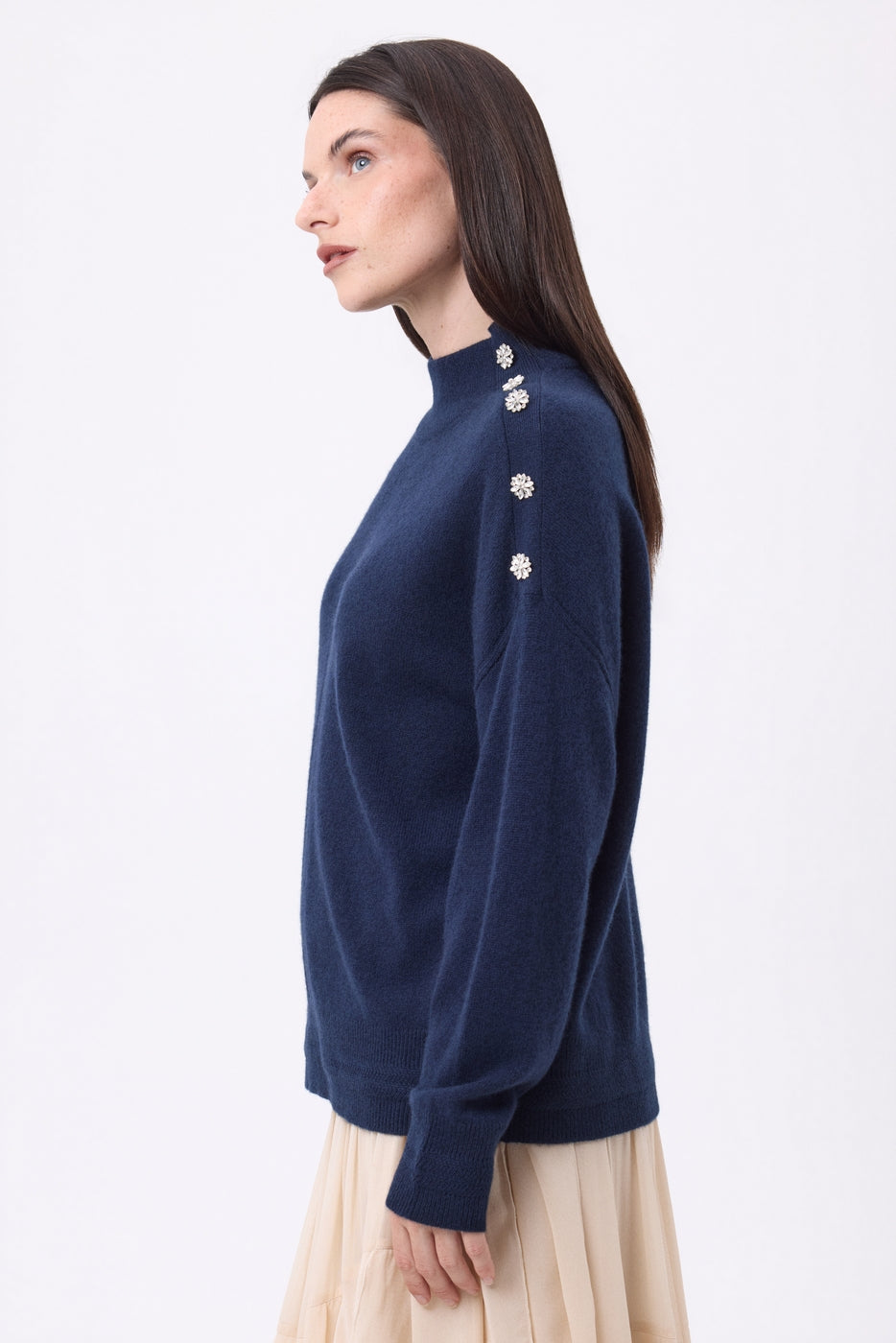 High-Neck Jewelled Baya Sweater - Navy Blue-Silver Buttons - Women - 100% Cashmere