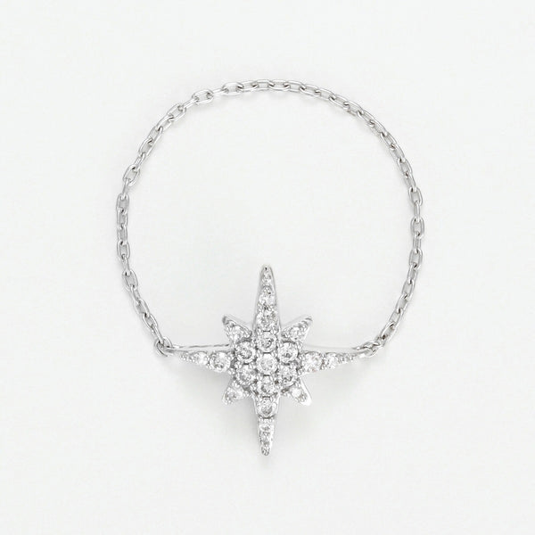 Diamanta – Bague Chaine "Star", bague chaîne en argent avec étoile sertie de diamants, vue de face