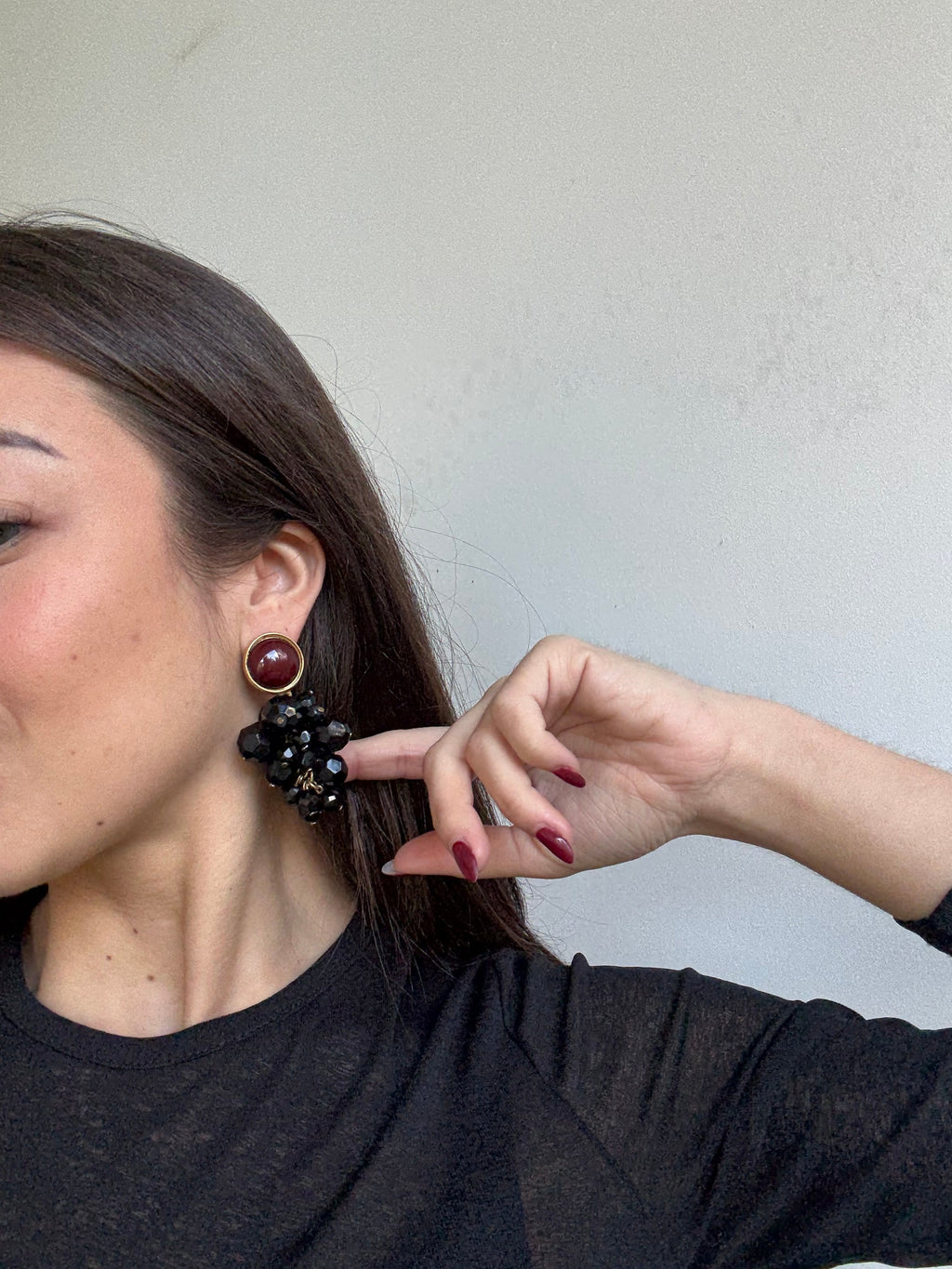 Vintage Georges Rech Earrings - Black Clusters and Burgundy Cabochons