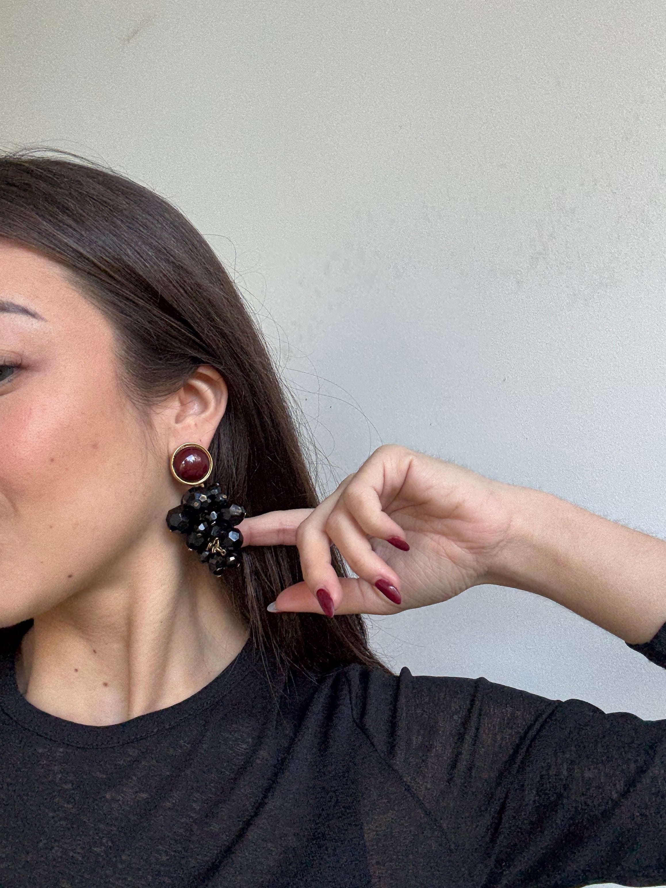 Vintage Georges Rech Earrings - Black Clusters and Burgundy Cabochons