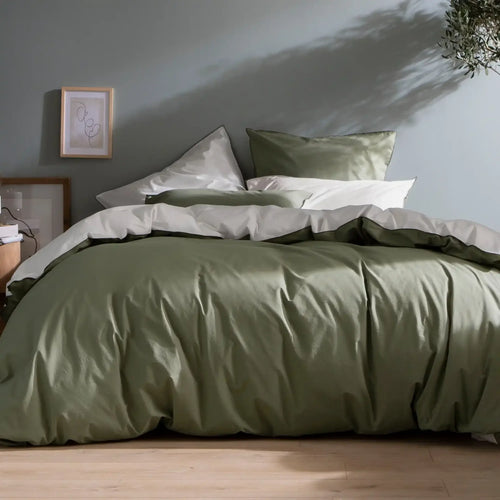 Housse de Couette Douceur Lavée - Percale de Coton - Kaki/craie