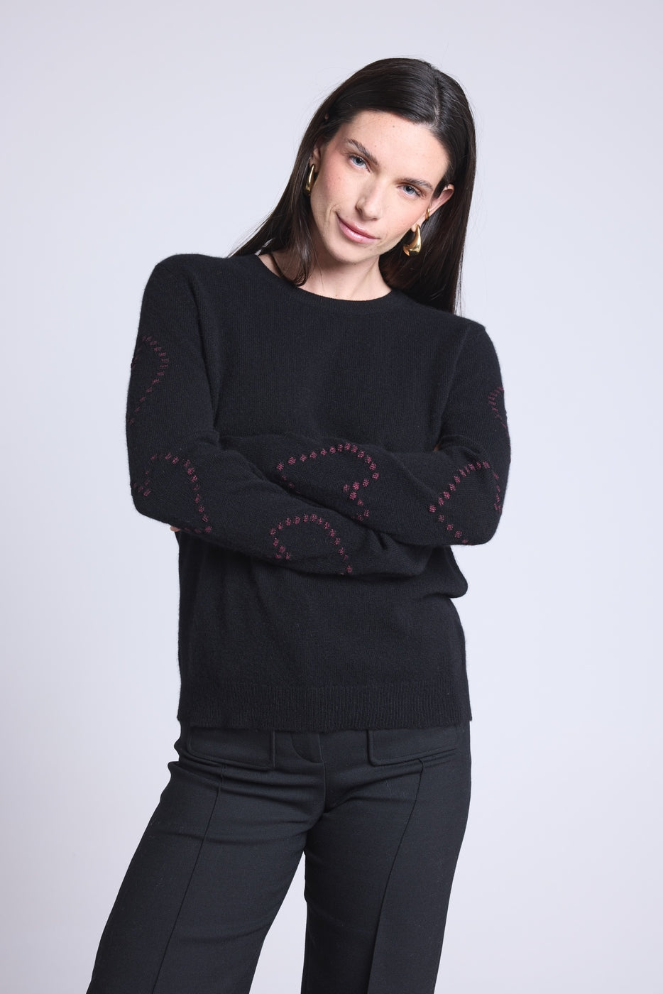 Pull Col Rond Cœurs Bubbles Cachemire Bea - Noir Rose Lurex - Femme