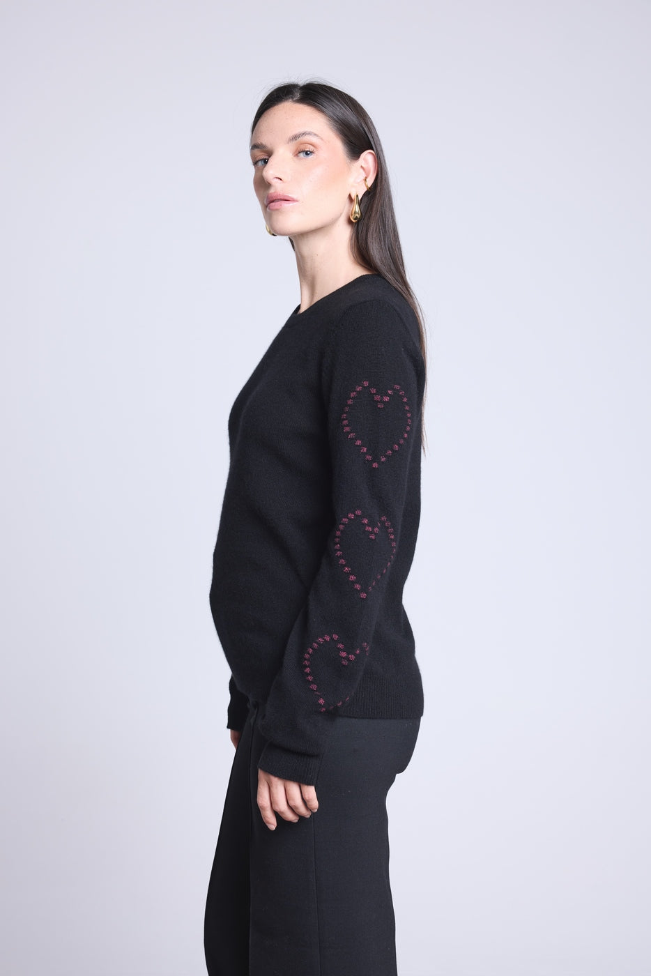 Pull Col Rond Cœurs Bubbles Cachemire Bea - Noir Rose Lurex - Femme