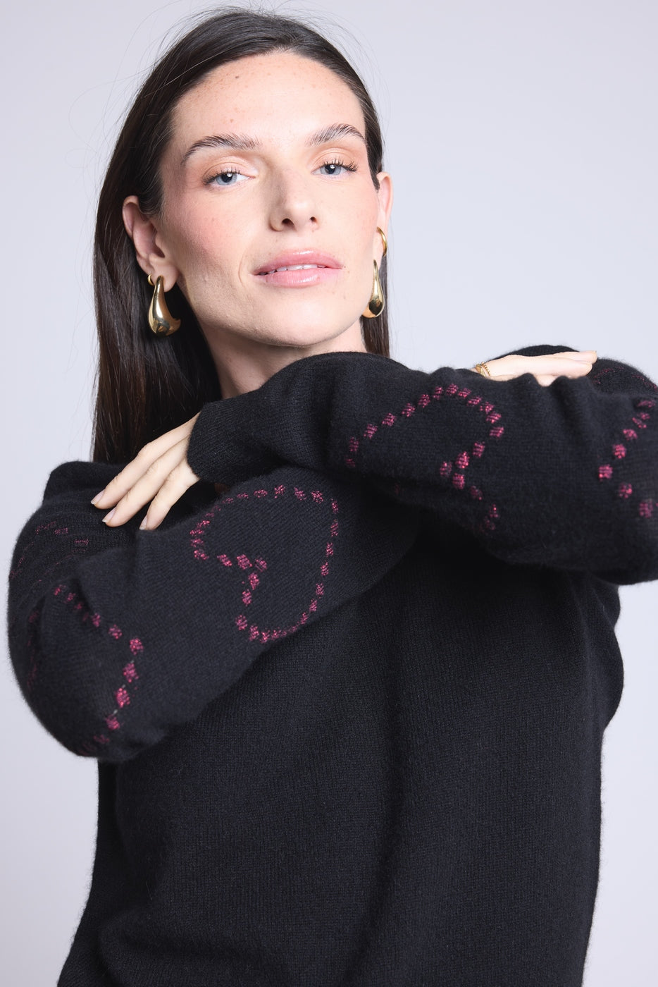 Pull Col Rond Cœurs Bubbles Cachemire Bea - Noir Rose Lurex - Femme