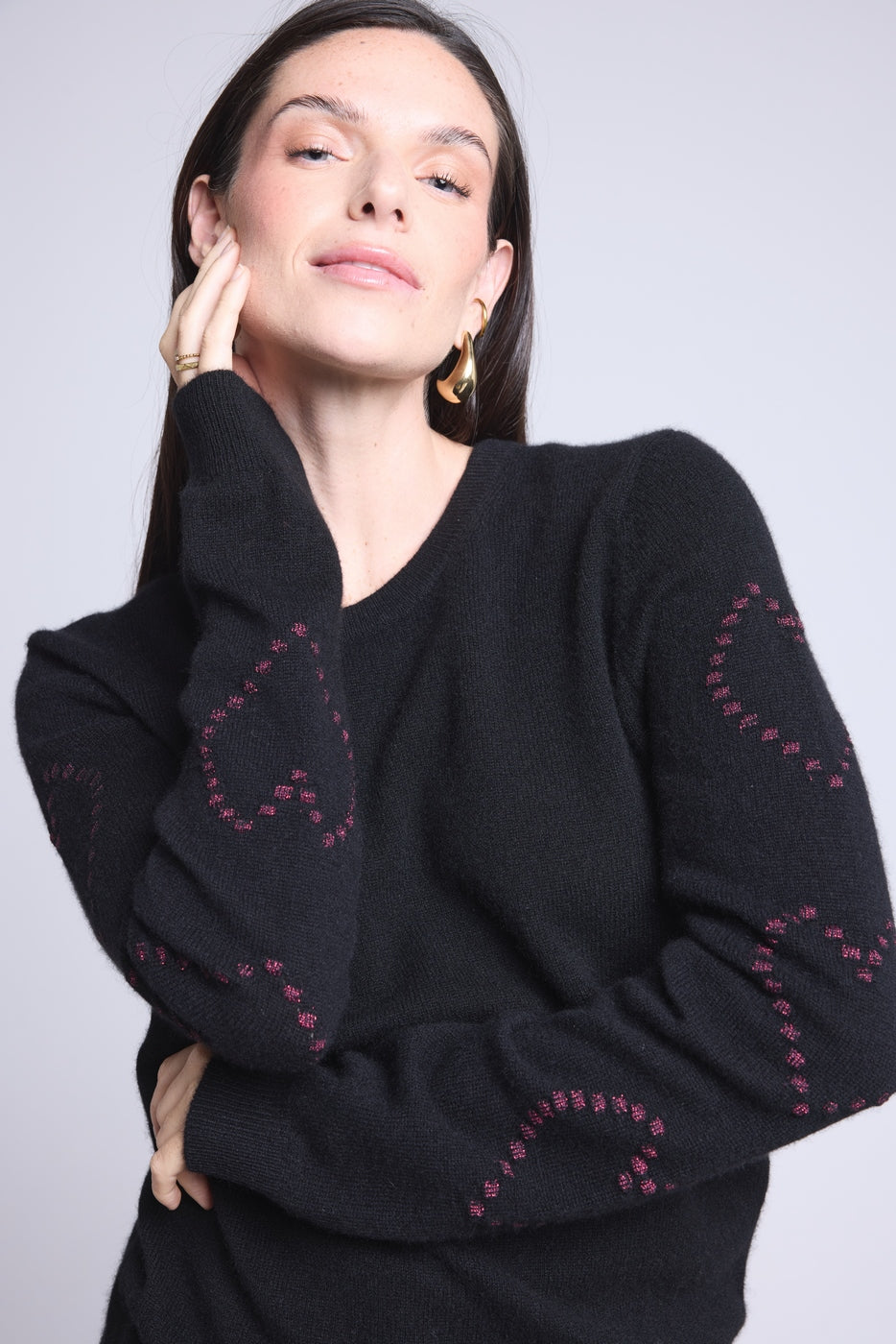 Pull Col Rond Cœurs Bubbles Cachemire Bea - Noir Rose Lurex - Femme