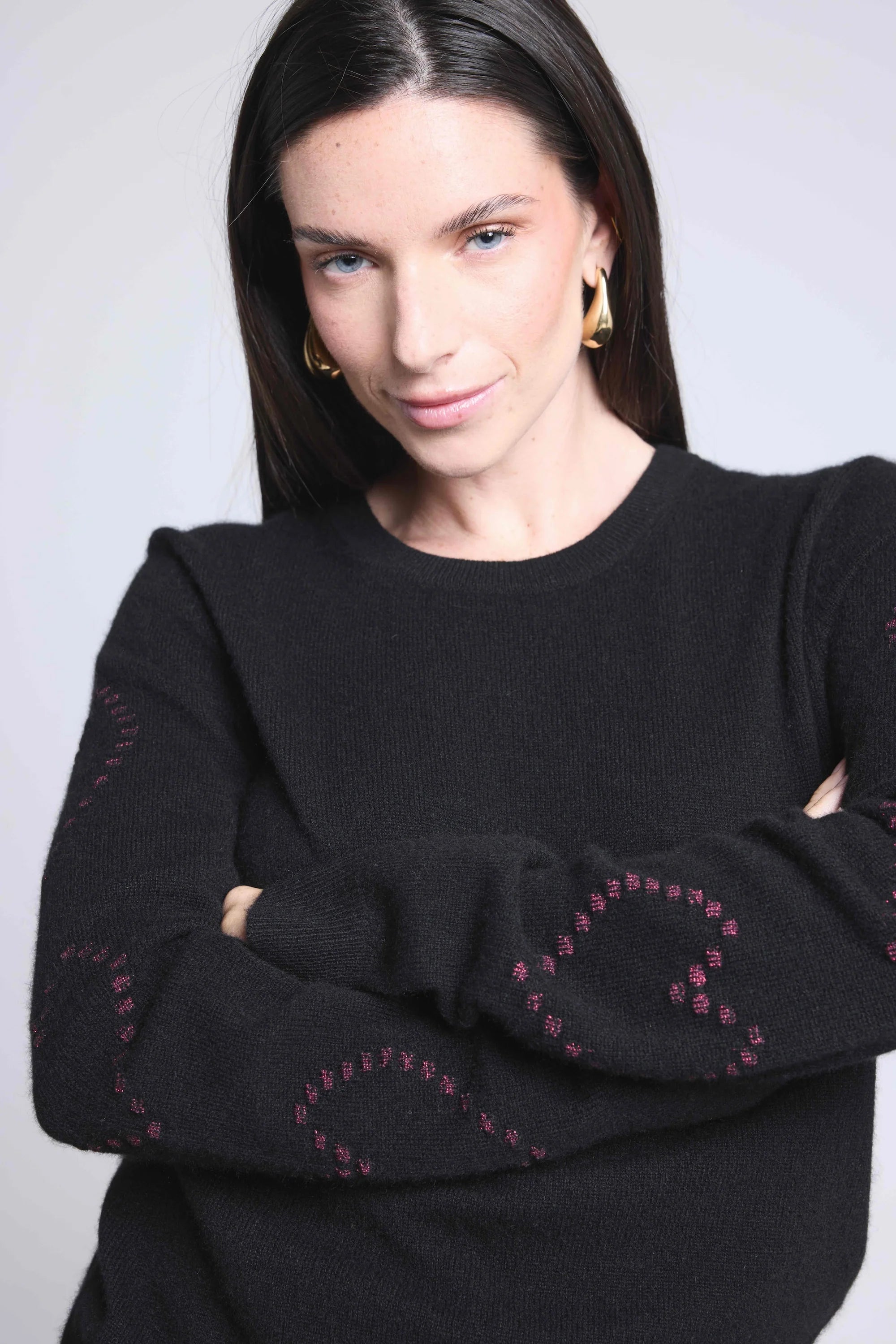 Pull Col Rond Cœurs Bubbles Cachemire Bea - Noir Rose Lurex - Femme