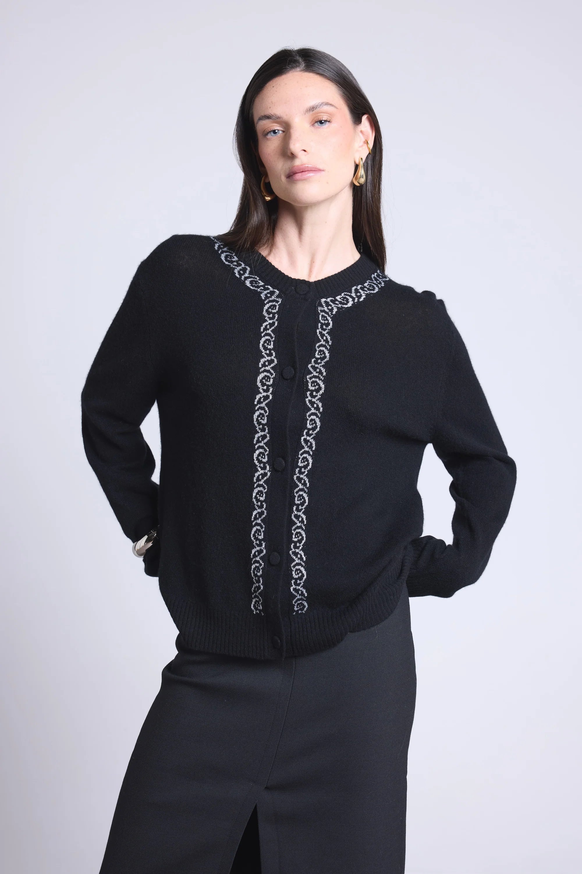 Cárdigan Betty con bordado de lúrex - Negro con lúrex plateado - Mujer