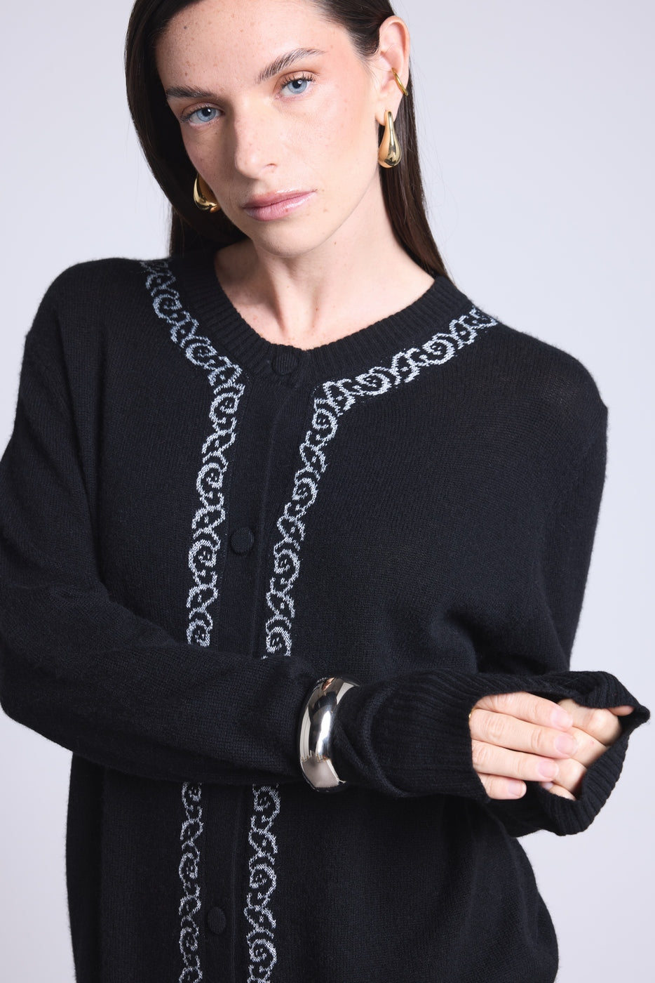 Cárdigan Betty con bordado de lúrex - Negro con lúrex plateado - Mujer