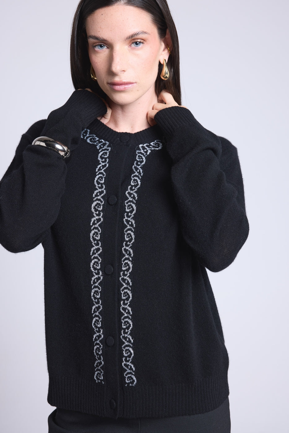 Cárdigan Betty con bordado de lúrex - Negro con lúrex plateado - Mujer