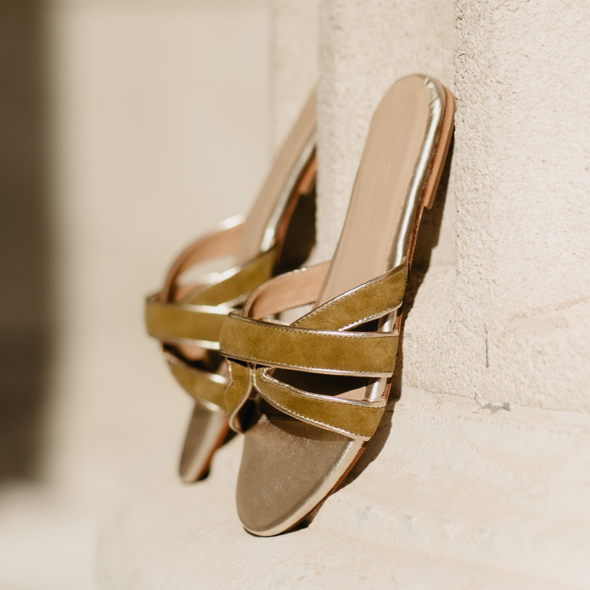 Myrtice Mules - Olive and Platinum