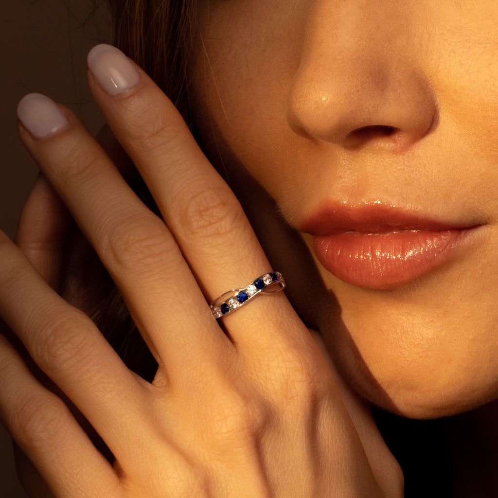 Bague "Océanos" Or Blanc 375/1000 Et Saphir/Zirconium