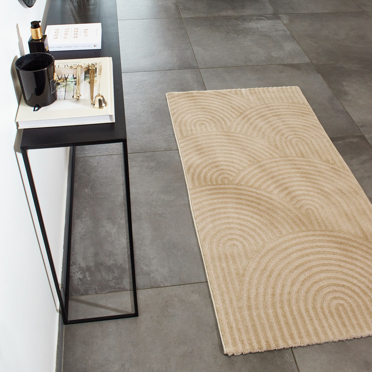 Modern living room rug with modern and contemporary arched patterns in beige: BIA157BEI BIANCA