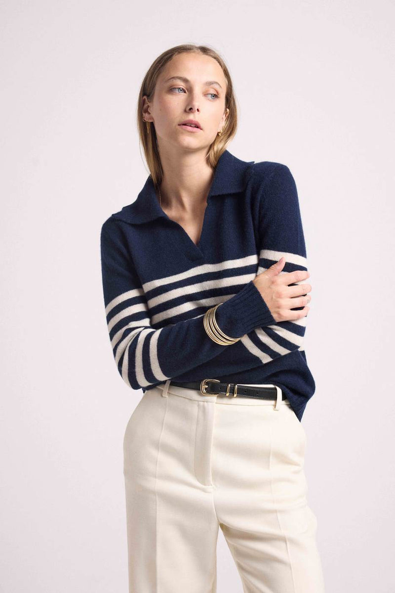 Pull Col Polo Mariniere Bianca - Bleu Marine Blanc