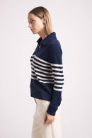 Pull Col Polo Mariniere Bianca - Bleu Marine Blanc