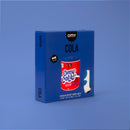Packaging du coussin gonflable OMY Cola – Boîte bleue au design pop