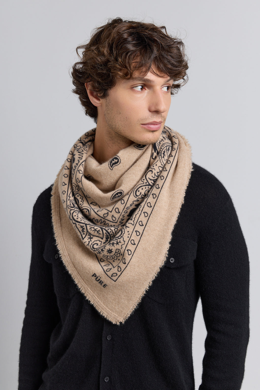 Grote bandana sjaal Presley van kasjmier - Ecoland beige & zwart - Uniseks - 100% kasjmier