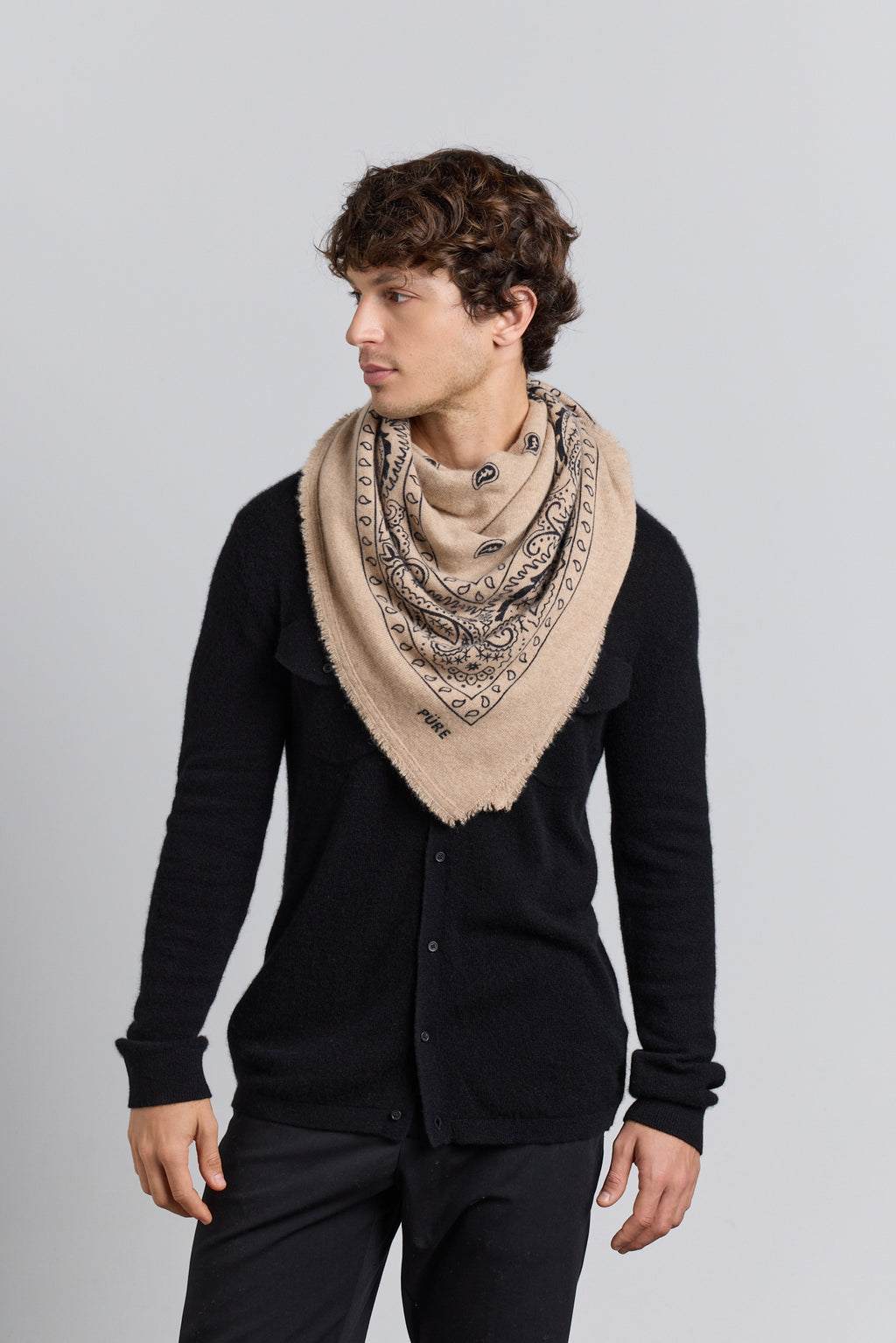Grote bandana sjaal Presley van kasjmier - Ecoland beige & zwart - Uniseks - 100% kasjmier