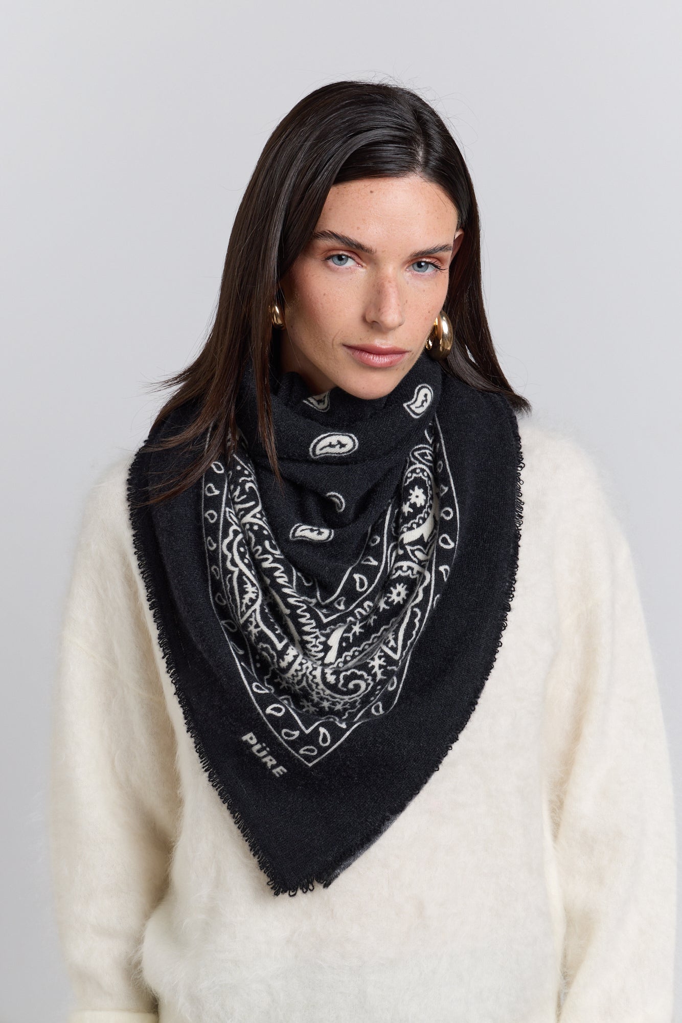 Grande Echarpe Bandana Presley En Cachemire - Noir & Blanc - Mixte