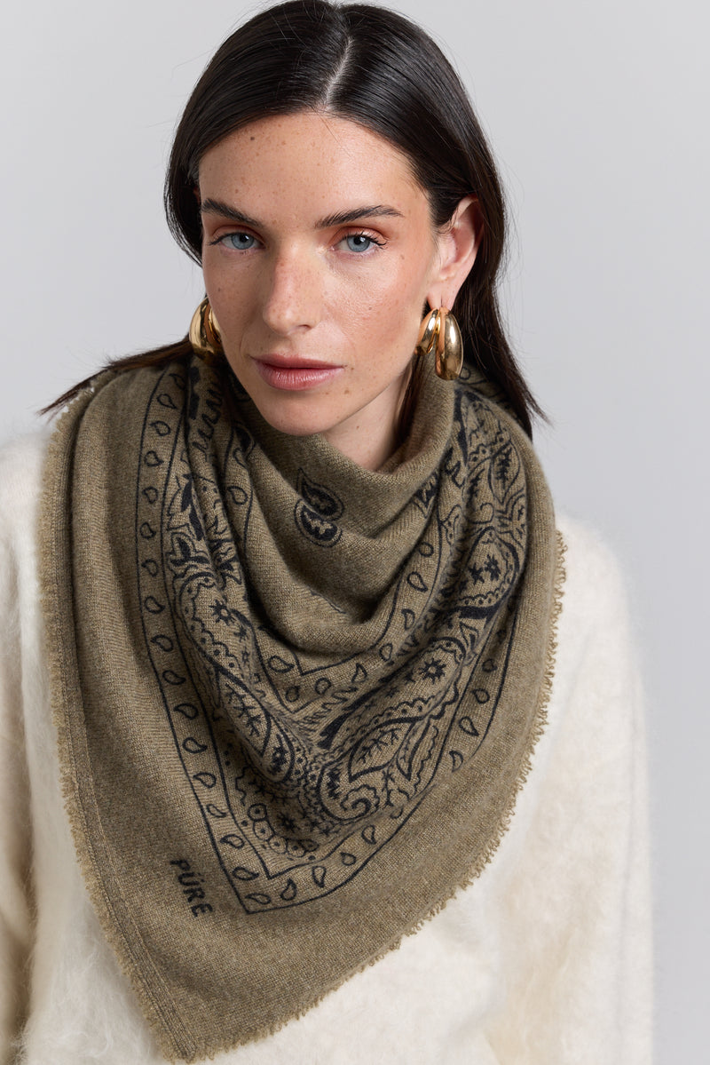 Grande Echarpe Bandana Presley - Vert Khaki & Noir