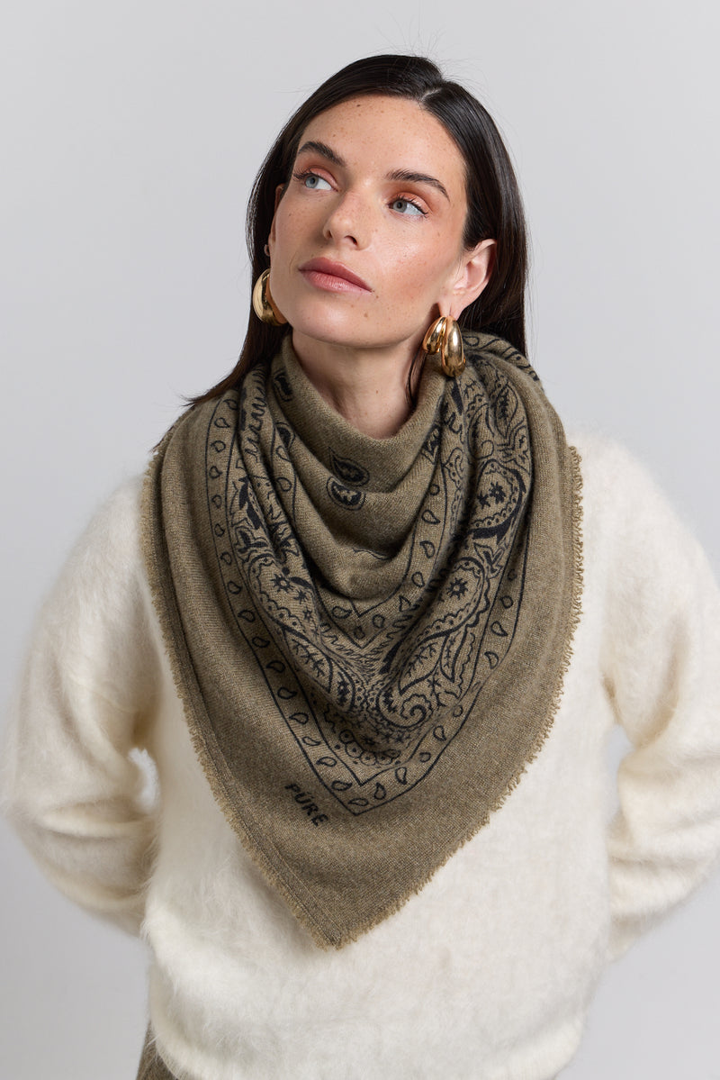 Grande Echarpe Bandana Presley - Vert Khaki & Noir