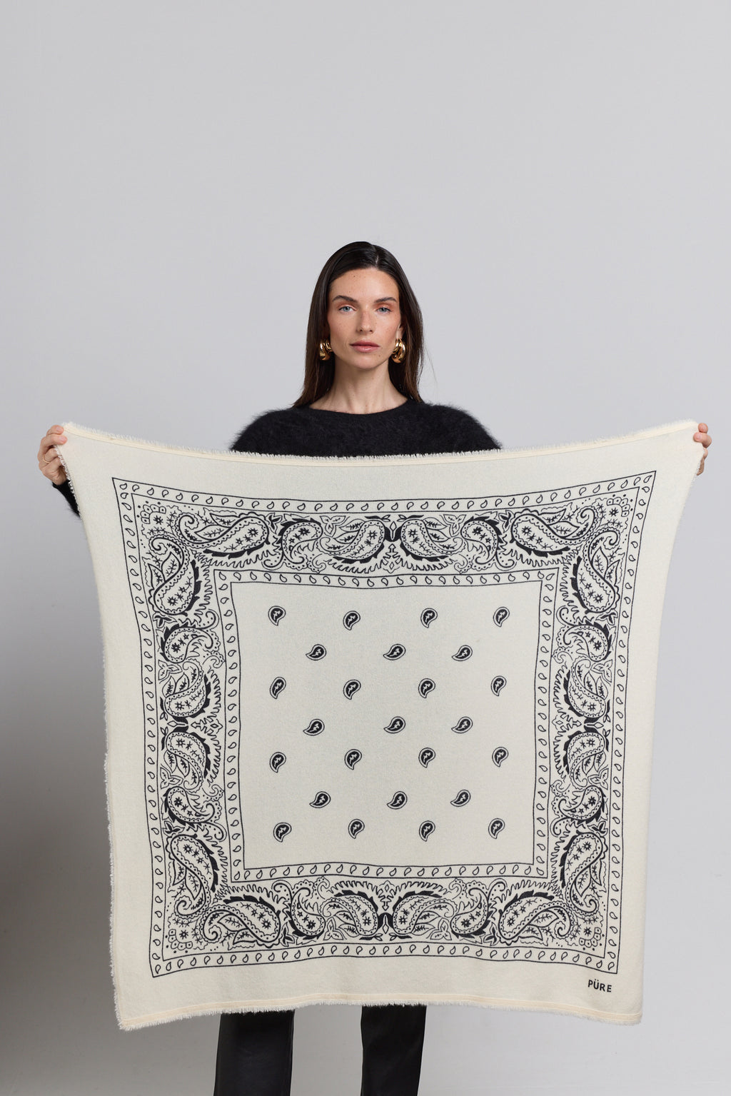 Large Presley Cashmere Bandana Scarf - White & Black - Unisex