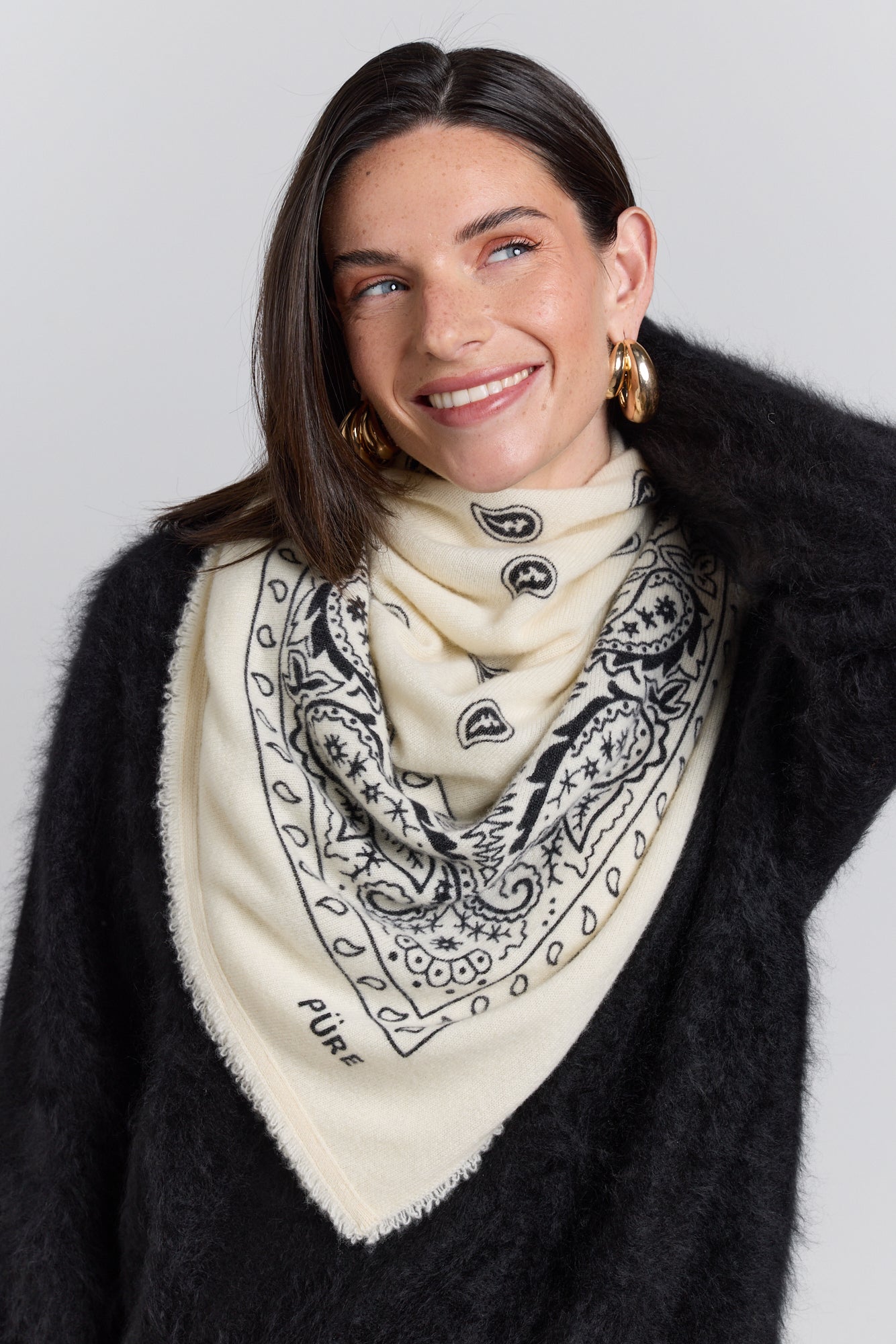 Large Presley Cashmere Bandana Scarf - White & Black - Unisex