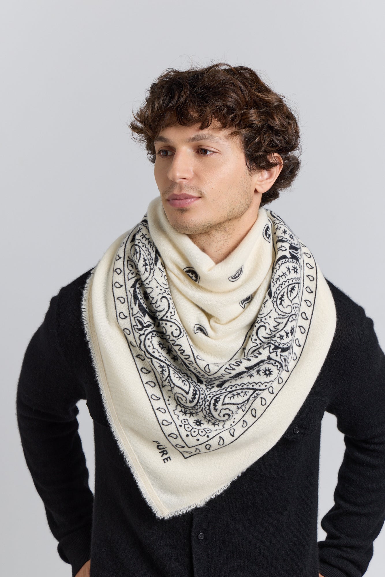 Large Presley Cashmere Bandana Scarf - White & Black - Unisex