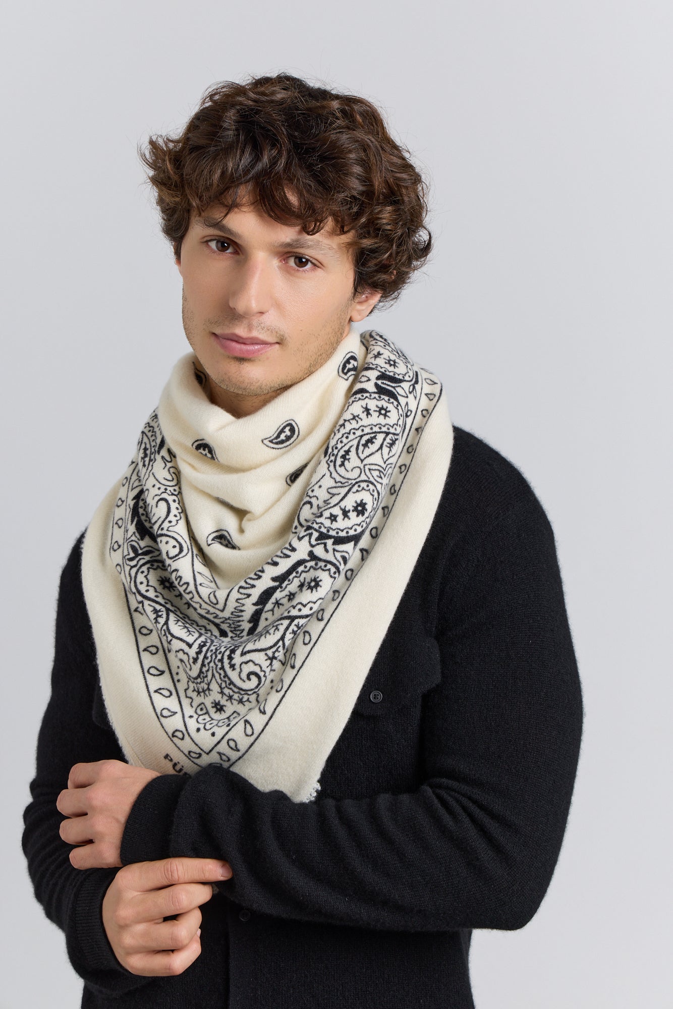 Large Presley Cashmere Bandana Scarf - White & Black - Unisex