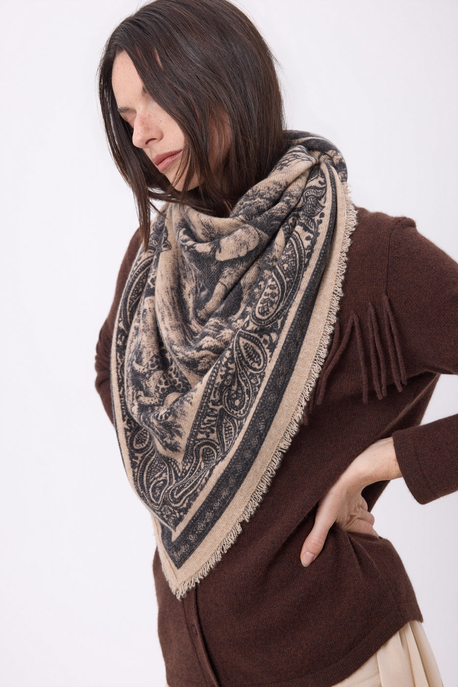 Grand Bandana Toile De Jouy - Beige Creme - Femme
