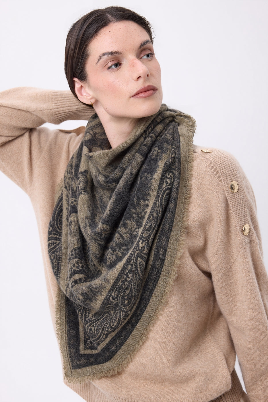 Grand Bandana Toile De Jouy - Khaki Chine - Femme