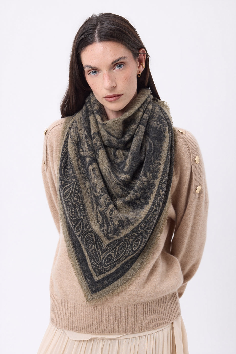 Grand Bandana Toile De Jouy - Khaki Chine - Femme