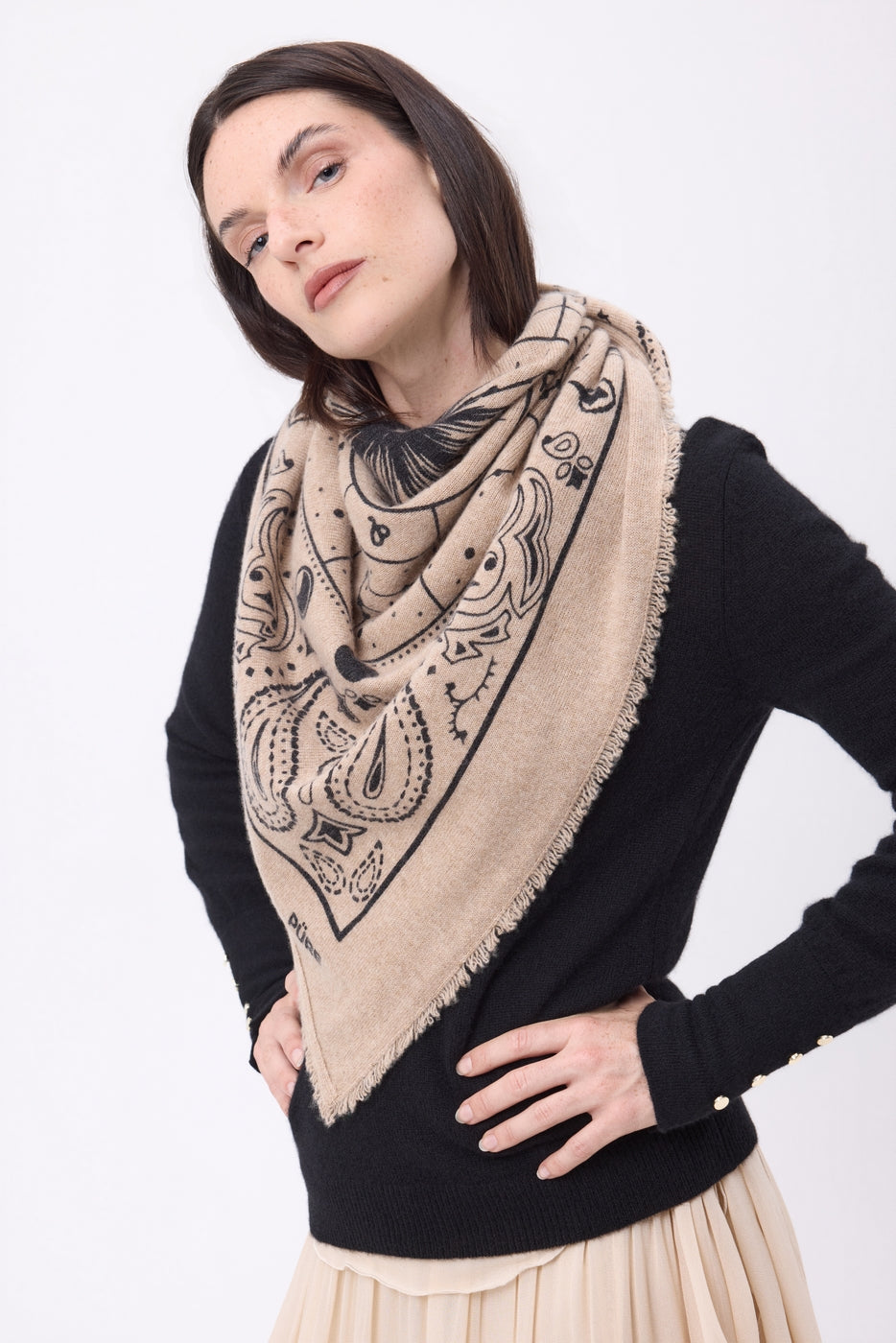 Bandana grande Zodiac - Beige crema - Donna - 100% Cashmere