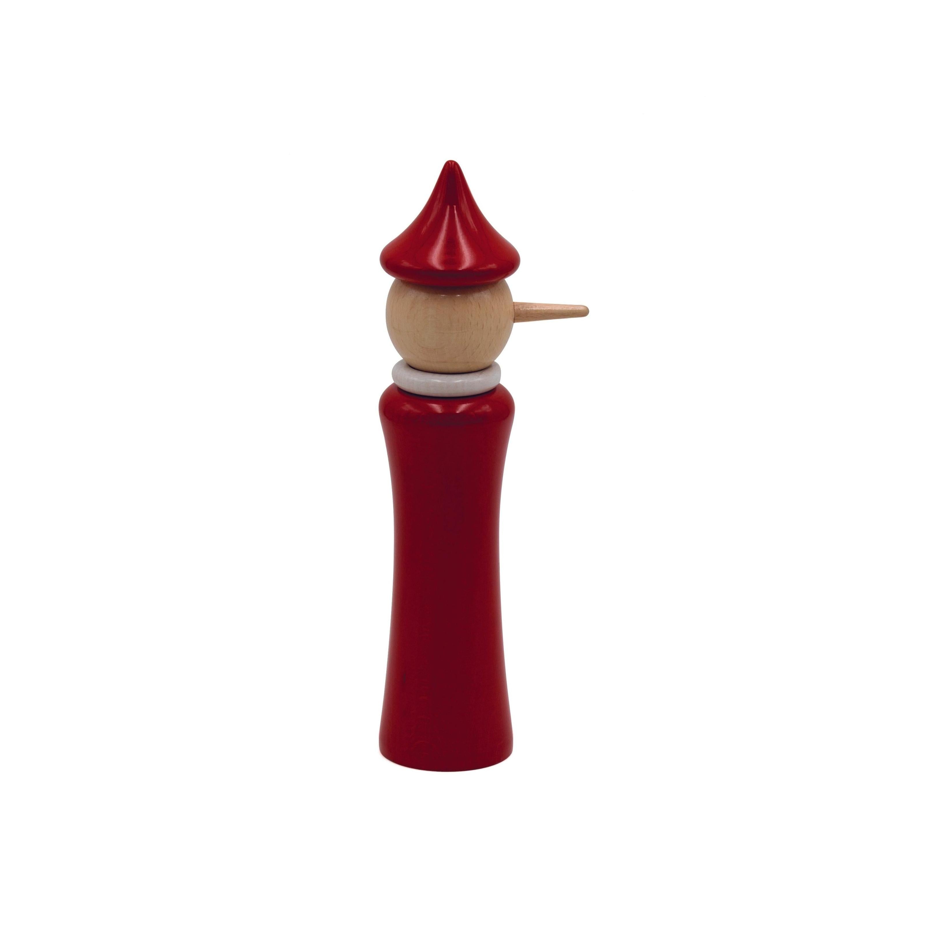 Spice Mill "Pinocchio" in Natural Lacquered Beech / Red Collar / White