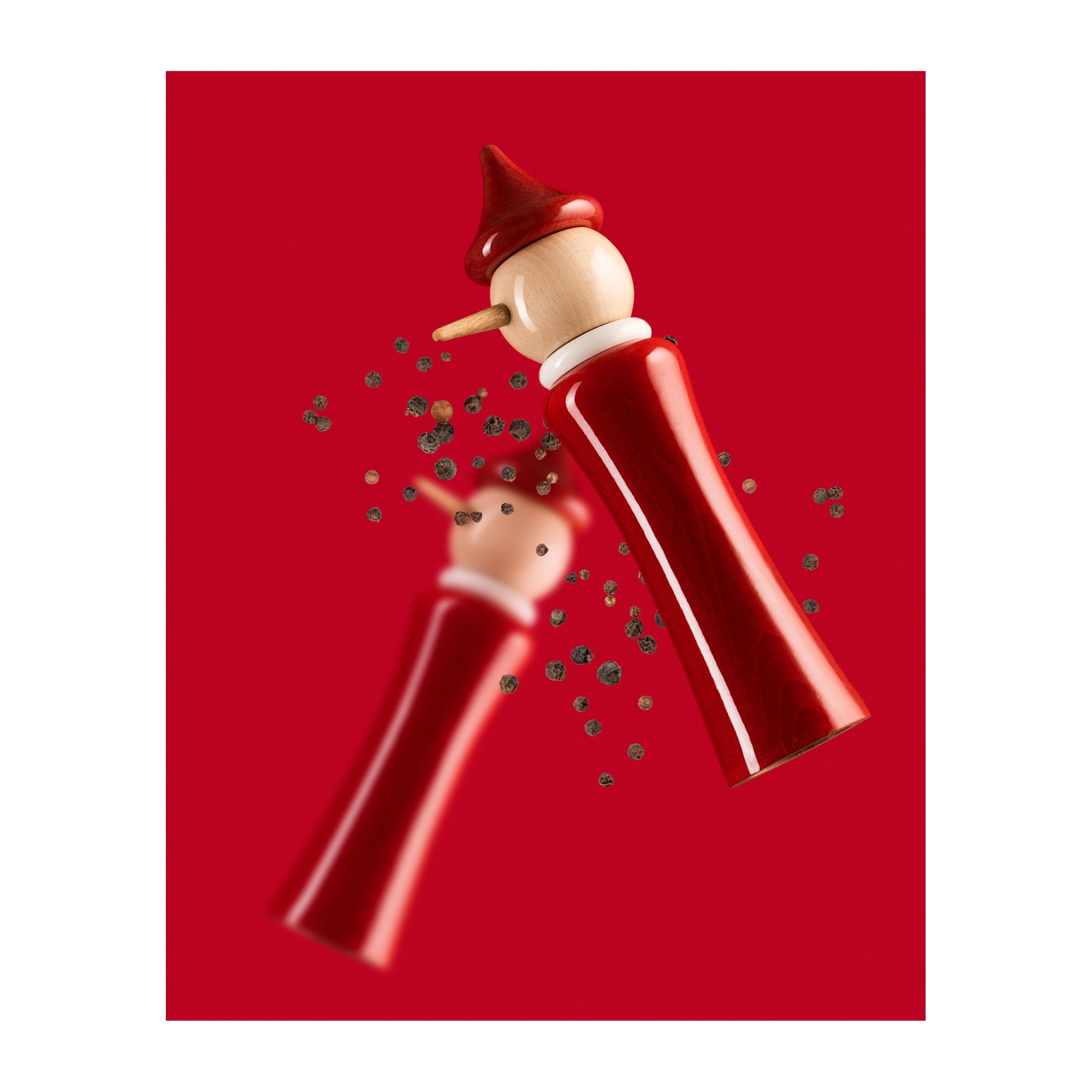 Spice Mill "Pinocchio" in Natural Lacquered Beech / Red Collar / White