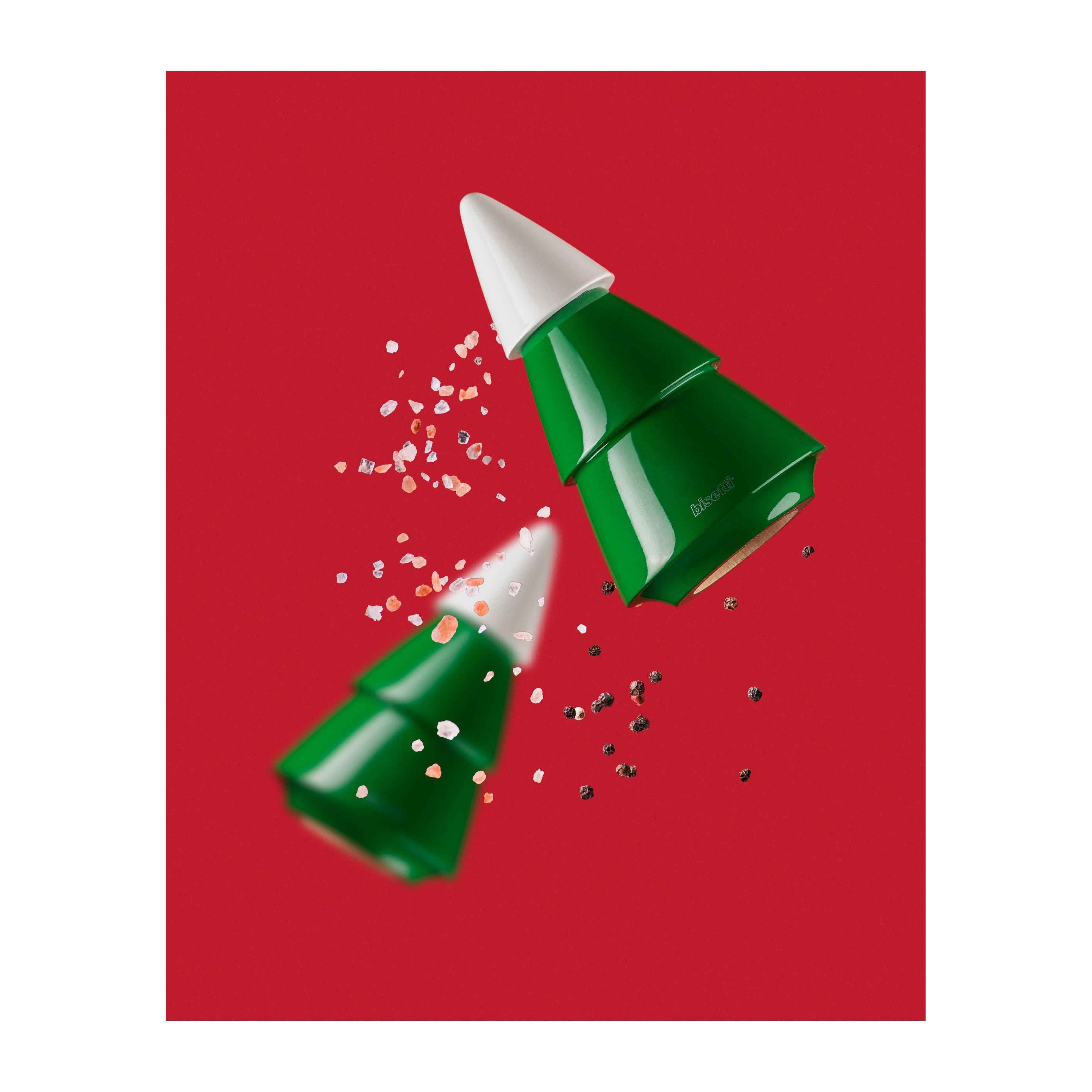 "Christmas Tree" Spice Mill In Green-Painted Beech With A White Tip