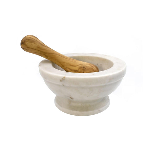 « Mortier » En Marbre Blanc Avec Pilon Olivier - Petit