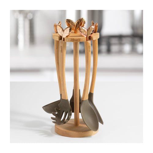 Porte-Louches « Printemps D’Or » + Ensemble De 5 Pièces. Louches En Silicone Avec Manche En Hêtre Naturel