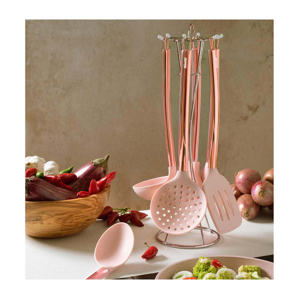 Set of 6 Stone Rose Silicone Kitchen Utensils with Metal Stand.