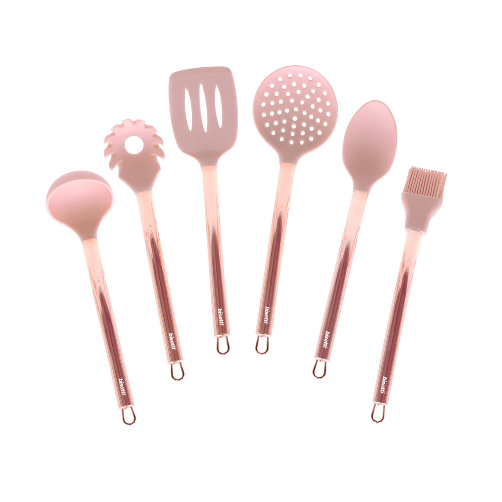 Set of 6 Stone Rose Silicone Kitchen Utensils with Metal Stand.