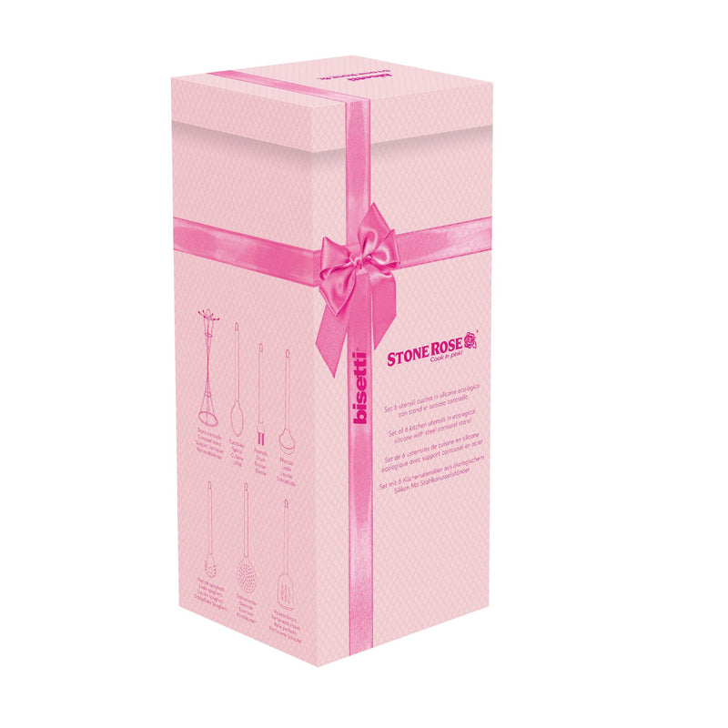 Ensemble De 6 Ustensiles De Cuisine En Silicone Stone Rose Avec Support En Métal.
