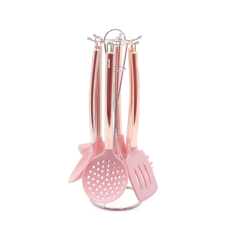 Ensemble De 6 Ustensiles De Cuisine En Silicone Stone Rose Avec Support En Métal.