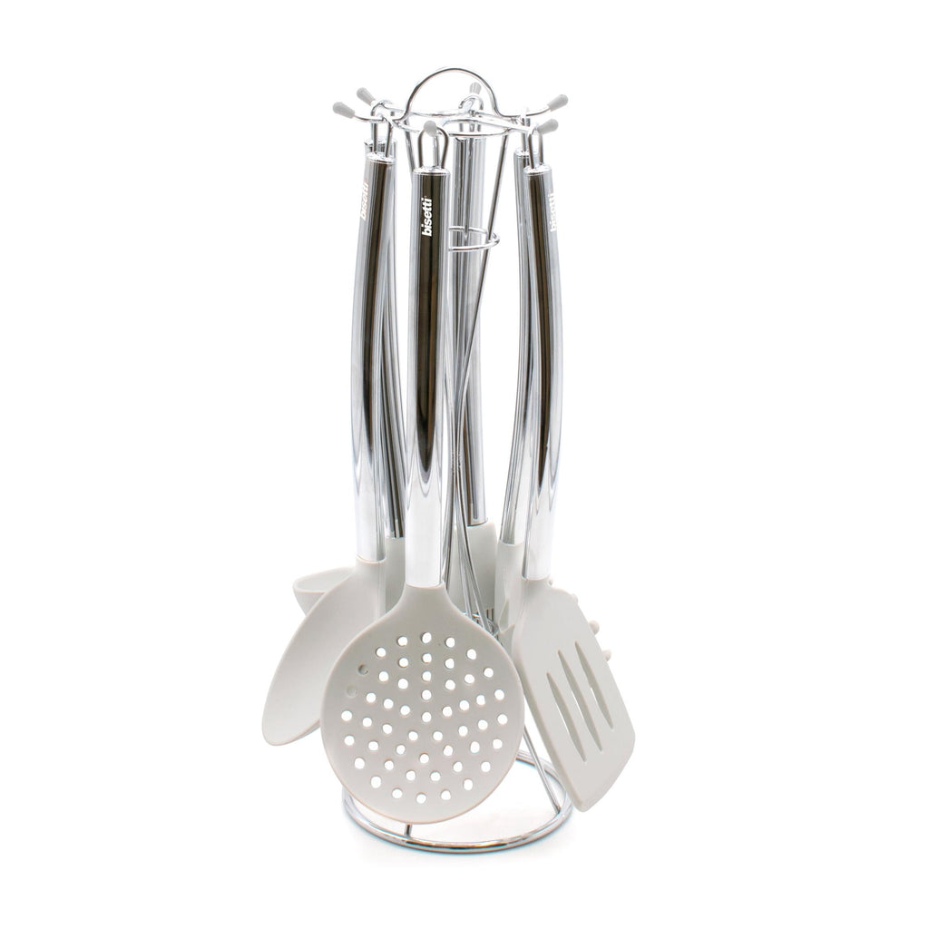 Ensemble De 6 Ustensiles De Cuisine En Silicone Blanc Pierre Avec Support Métallique.