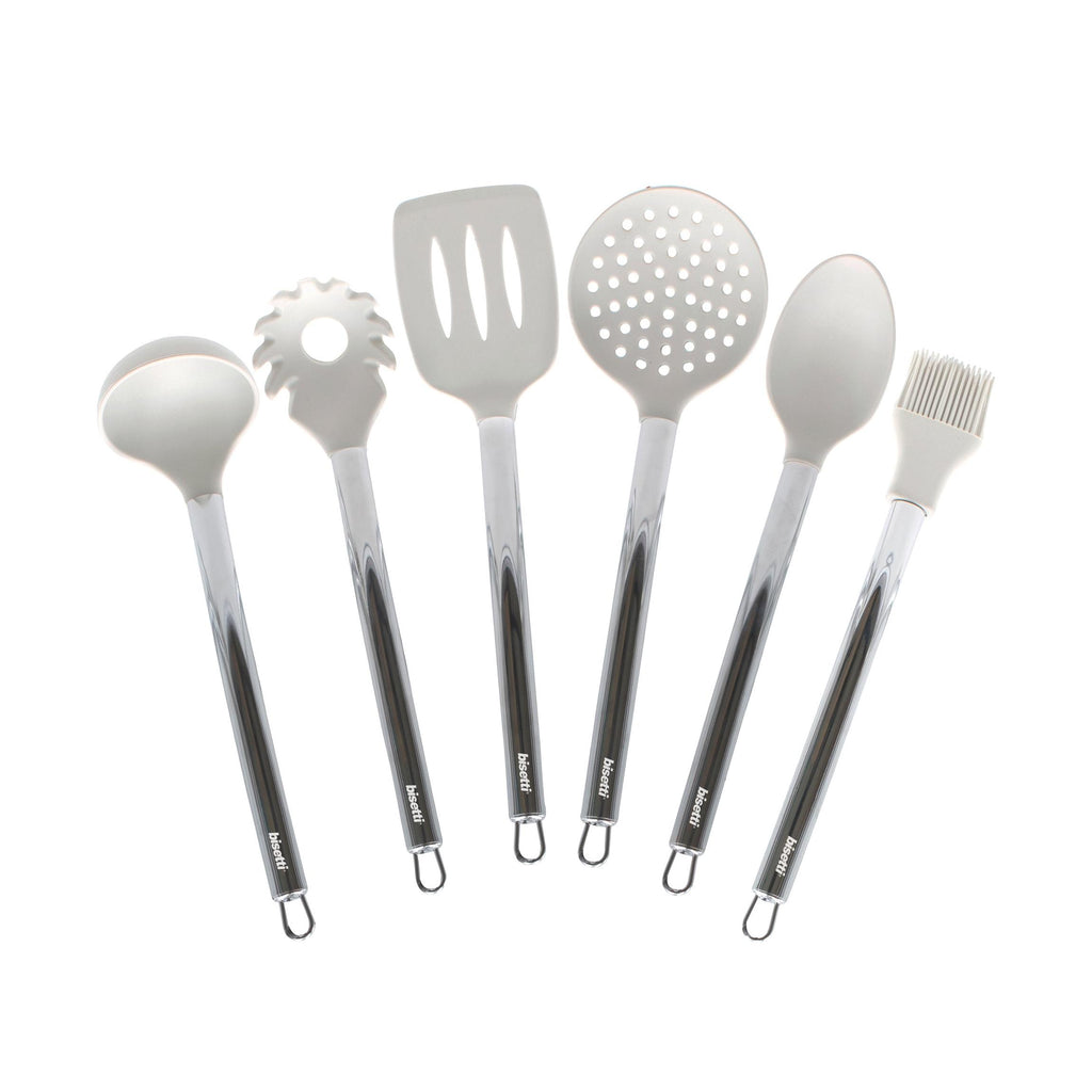 Ensemble De 6 Ustensiles De Cuisine En Silicone Blanc Pierre Avec Support Métallique.