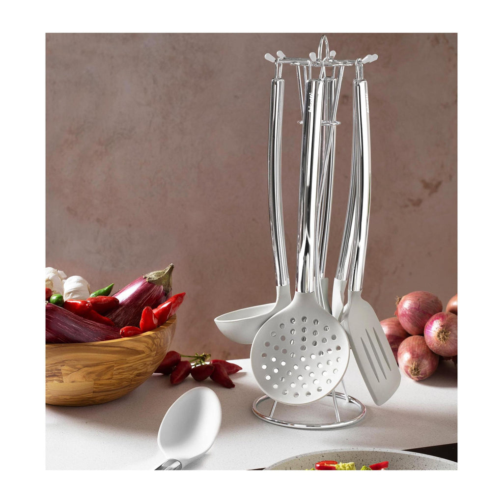 Ensemble De 6 Ustensiles De Cuisine En Silicone Blanc Pierre Avec Support Métallique.